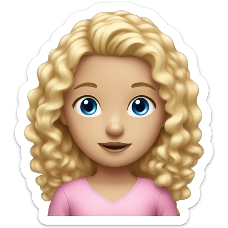 little girl, long curly blond hair, blue eyes, pink dress sticker
