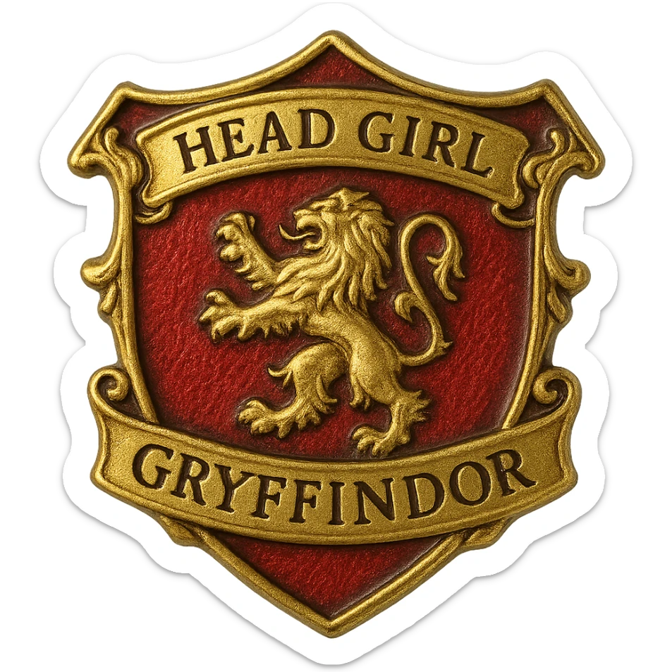 realistic Gryffindor badge for head girl, with lion crest, 'Head Girl' text, ornate gold and red enamel, no human figures, resembling official school pin sticker