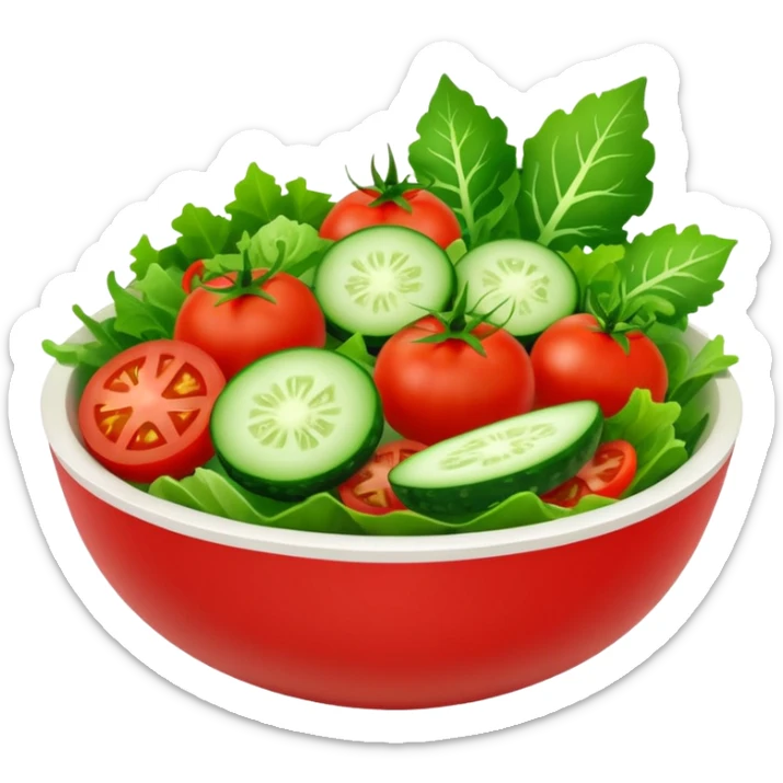 Salads avatar in clean emoji-style illustration. Fresh salad bowl with greens, tomatoes, cucumber, bright green tones, simple shapes, flat design, high contrast, light and healthy. sticker