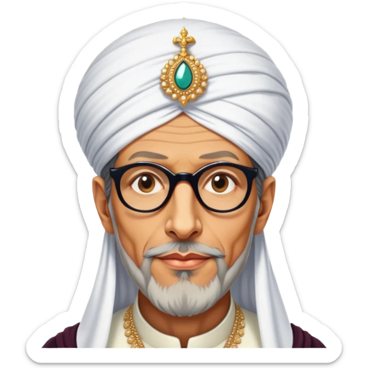 Jeff Goldblum no glasses as a regal portrait dressed as suleiman-the-magnificent,-depicted-as-a-regal-ottoman-sultan-adorned-with-a-large,-white,-round,-tall-turban-and-a-majestic-grey-beard,-his-commanding-gaze-bathed-in-warm,-historic-lighting-that-exudes-timel sticker