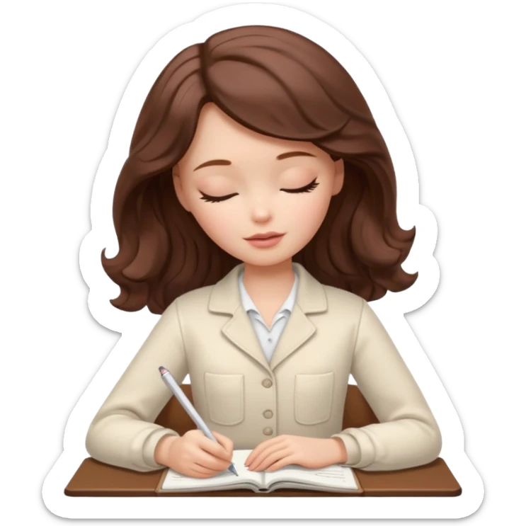 White Barbie girl dark Chestnut bob wavy hair sleeping with In pale creamy color clothes, he writes in a notebook sticker