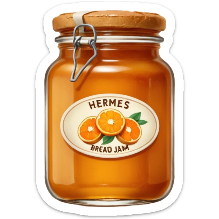Hermès-style vintage bread and orange jam jar, classic French breakfast, glass jar, vintage label, cute emoji style sticker