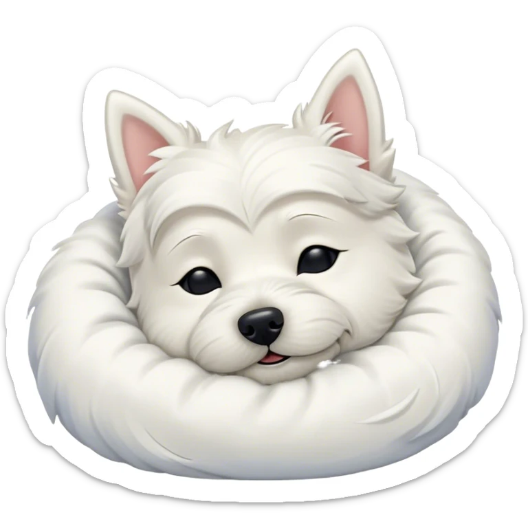 Meme-Worthy Cute Sleeping West Highland White Terrier Portrait Emoji, Head resting peacefully with a contented smile, showcasing a delightfully compact build and a luxuriously soft white coat, eyes shut in a serene nap, Simplified yet hilariously adorable features, highly detailed, glowing with a soft, drowsy light, high shine, relaxed and utterly lovable, stylized with an air of playful laziness, bright and heartwarming, soft glowing outline, capturing the essence of a comically sleepy companion, so meme-worthy it feels like it could instantly become the next viral sensation of adorable slumber! sticker