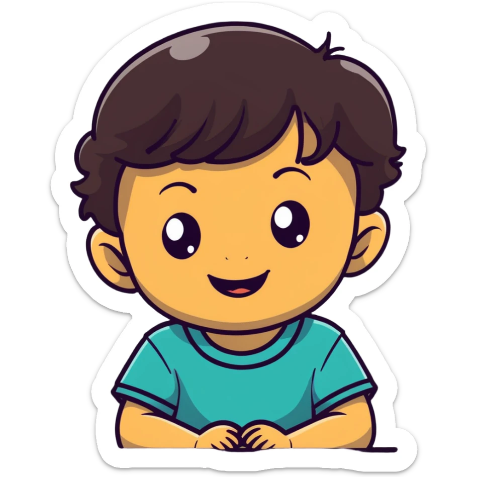 smiling toddler face with big eyes, medium skin tone, and dark wavy hair sticker