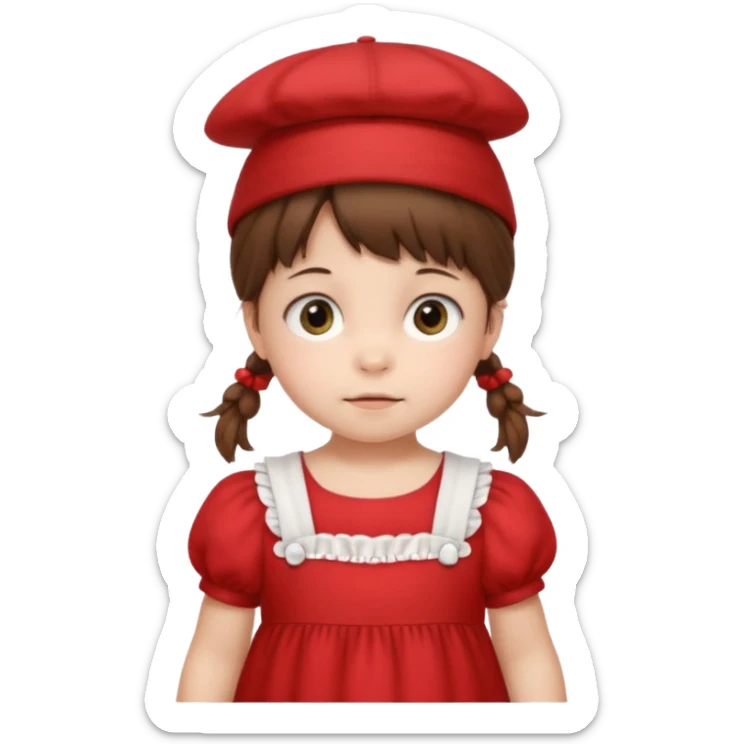 baby girl with brown hair and pigtails with red dress and a hat like My Neighbor Totoro movie sticker