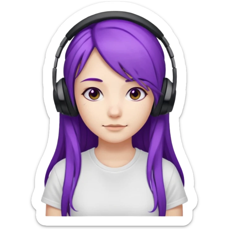 Gamer Girl with black Headset + long Purple Hair, white T-shirt sticker