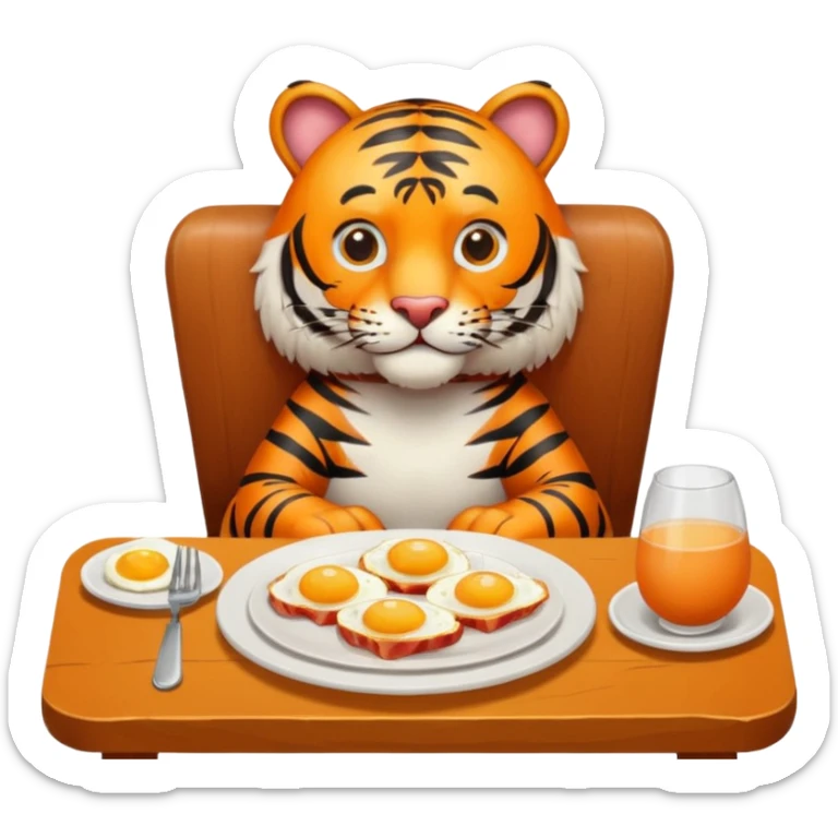 Tiger sitting by a table on a chair with a plate of eggs and bacon in front of him on the table   sticker