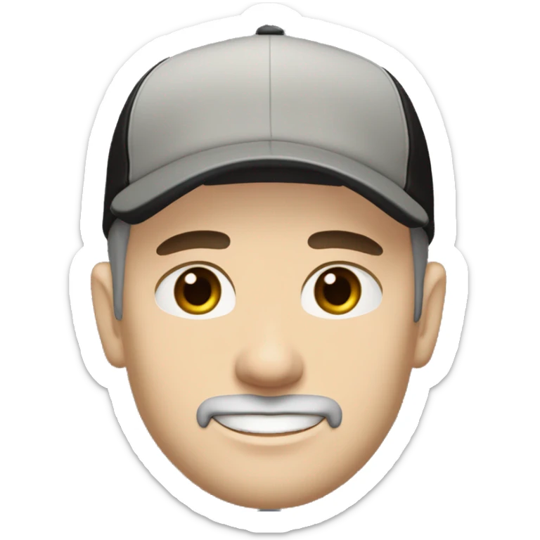 An adult pale skin male with stubble and a slightly gray beard, brown hair, black eyes, wearing a black Reebok cap with a round emblem on his head, and a black sweater with three white stripes on the sleeves underneath. sticker