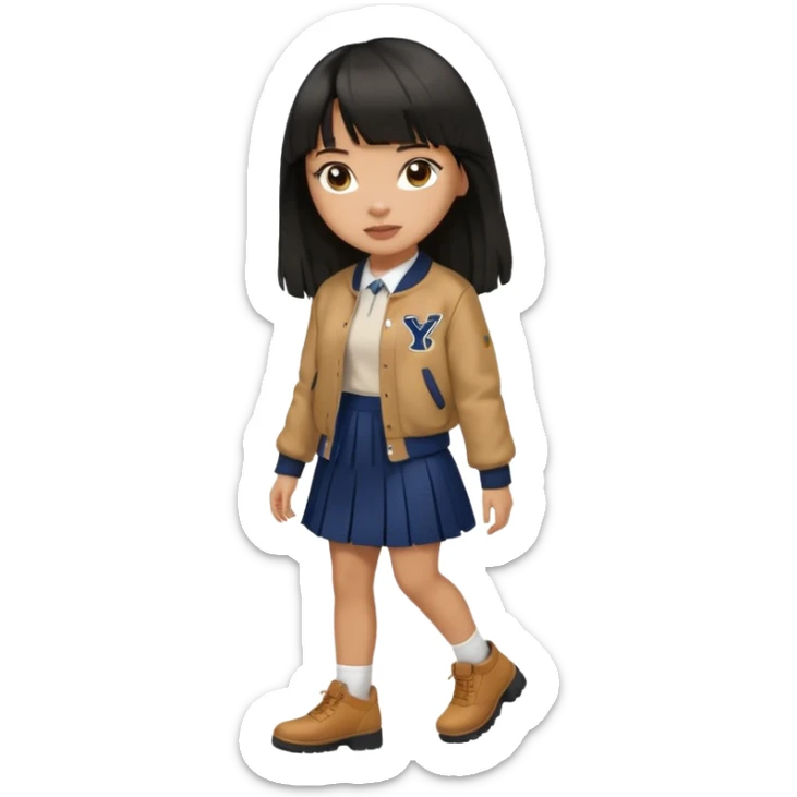 black color long hair with fringe, light skin long hair girl with brown varsity jacket,  navy long long skirt walking

 sticker