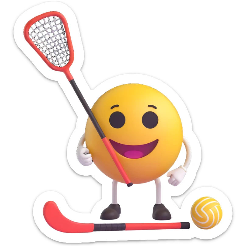 3D smiley emoji, round shape, holding floorball stick and ball, sporty face, transparent background (floorball) sticker