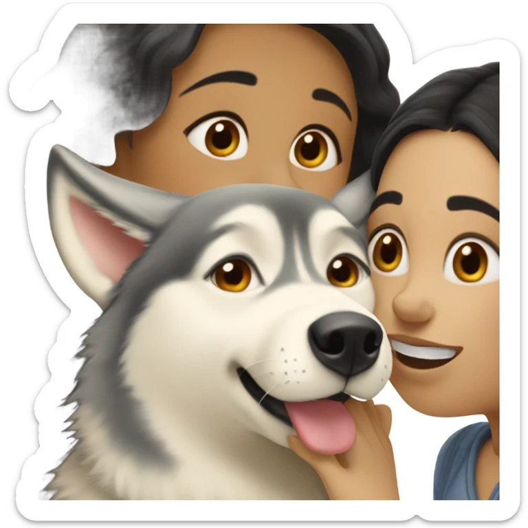 A golden beige Husky next to him a girl with black hair who kisses him on the cheek sticker