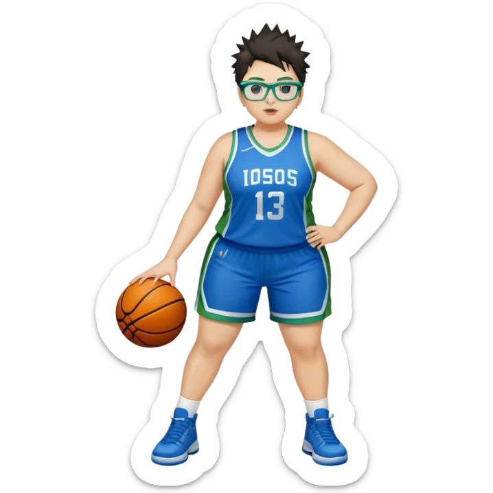 full body white plus size women basketball player with short spiky dark hair with added blond highlights wearing blue glasses wearing blue and green uniform sticker