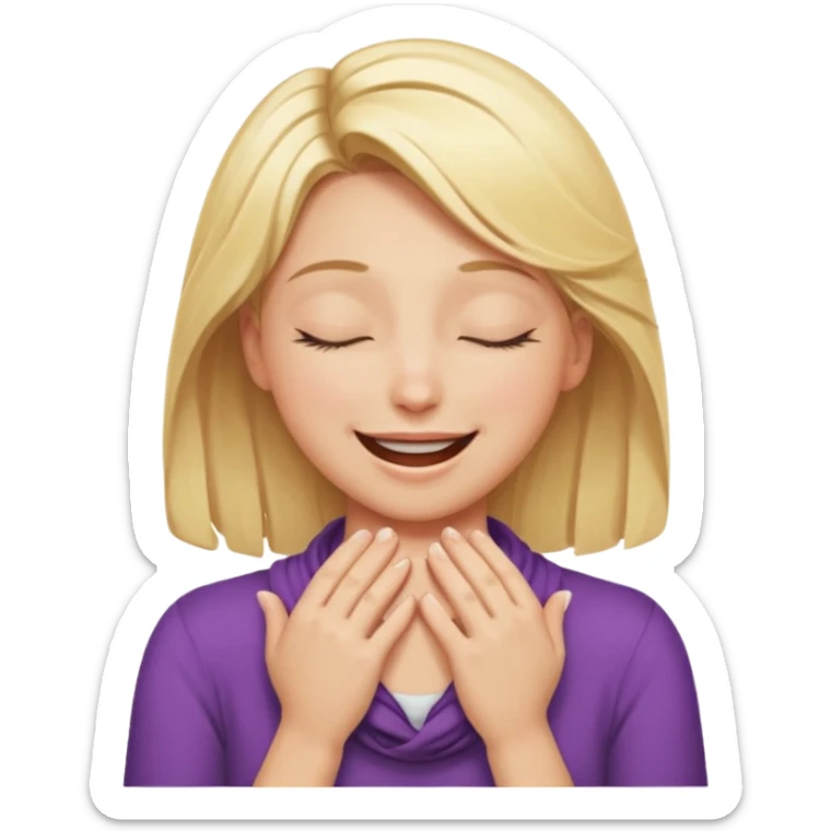 Happy blonde girl with eyes closed and mouth smiling and hands cupped around her neck - her eyes are squinty with excitment sticker