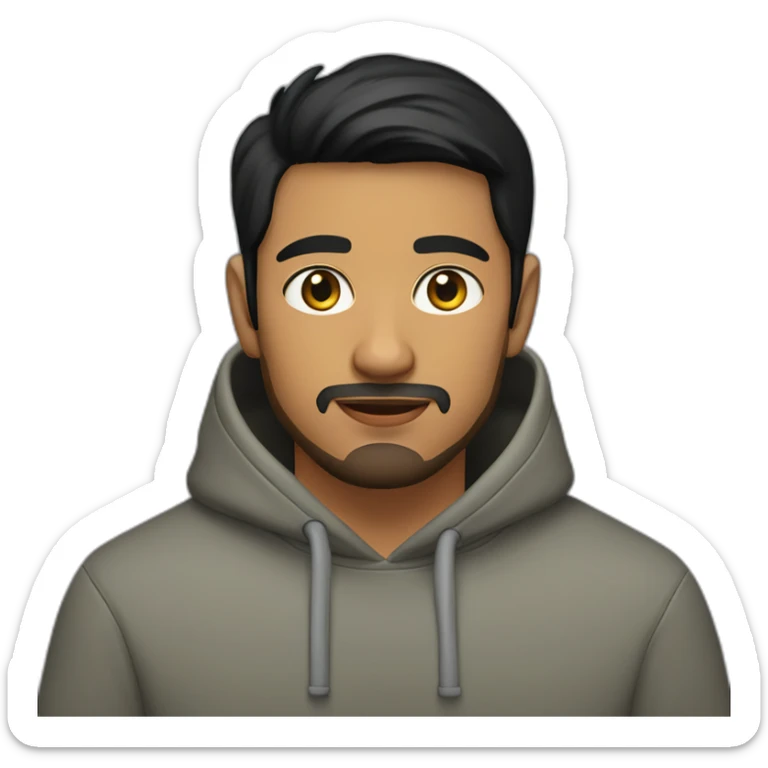 olive skin man with short beard hazel eyes and black hair wearing hoodie with cat on lap sticker