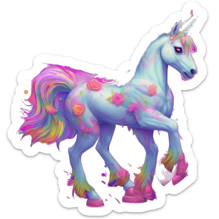 Zombie Pegasus unicorn psychedelic flowers floral groovy art neon rave raving sticker
