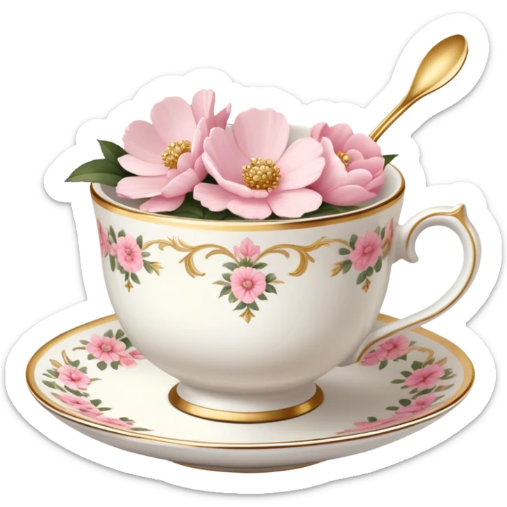 White teacup with baby pink floral antique print with gold accents  sticker