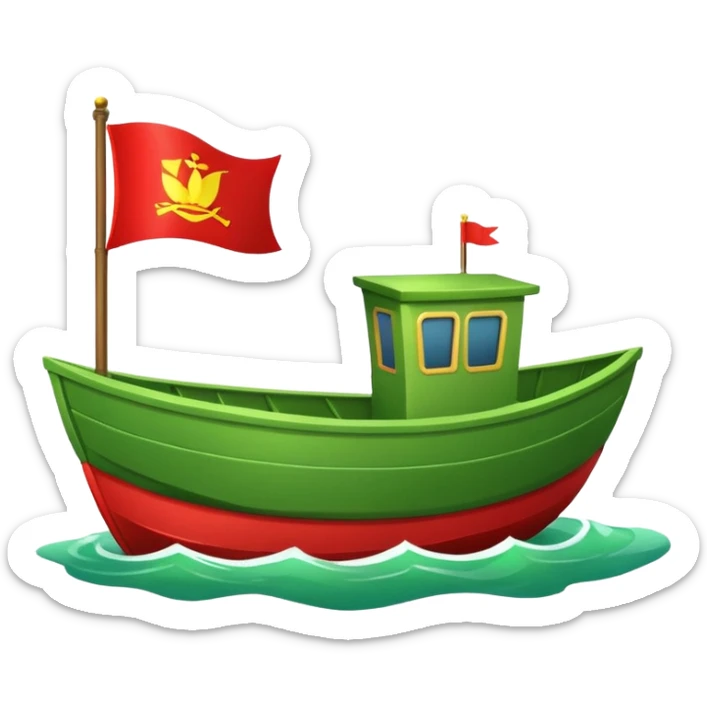 green boat in cartoon having a small place to live and a small red flag on it sticker