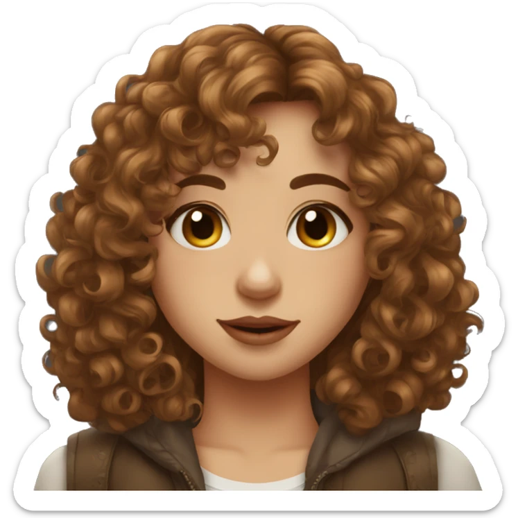 Pretty girl with shoulder length brown curly hair and bangs and a septum piercing  sticker