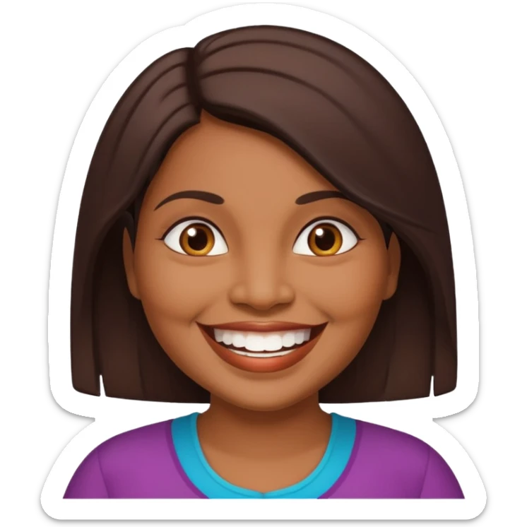 40 yr old chubby sri lankan woman, dark skin, straight brown hair, big smile, white teeth sticker