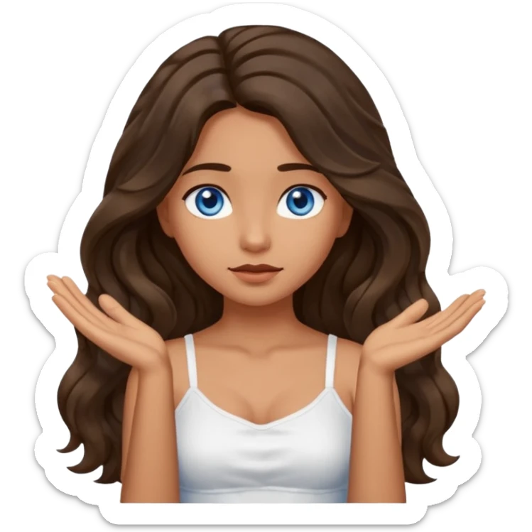 Girl with olive skin, blue eyes, brown dark insanely wavy long hair, white camisole, left hand palm up crossing arms in front of face sticker