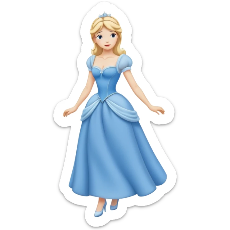 full body Cinderella with blue dress and blonde hair, showing entire figure from head to feet, minimal style sticker