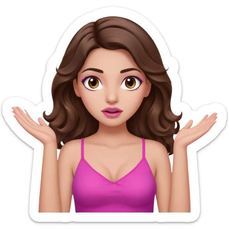 girl with long wavy brown hair, brown eyes, long lashes makeup, sexy pink lips, light to medium complexion, pink sexy top, two hands up, shrugging, confused sticker
