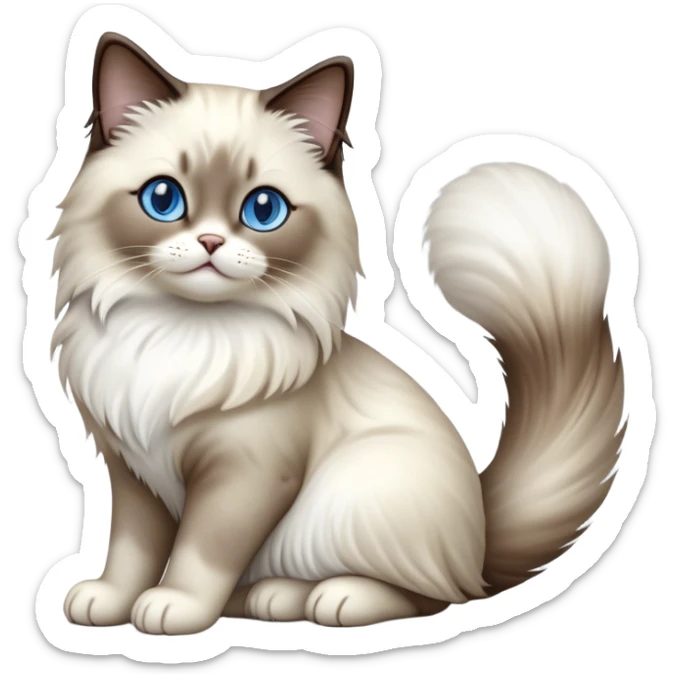 Cinematic-Seal-Ragdoll-Cat-Realistic-Full-Body-Sitting-Emoji – Tail curled playfully around its paws, head tilted dramatically, fluffy brown-and-white fur with darker seal points, simplified yet realistic focused features, highly detailed, glowing with an almost sarcastic glow, piercing blue eyes radiating elegance and charm. sticker