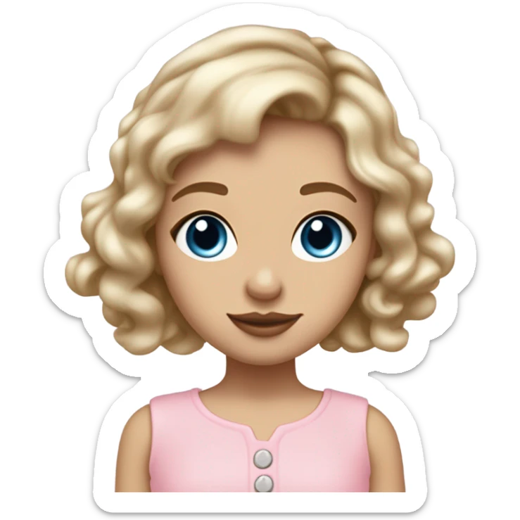 Girl with dirty blonde hair medium length past shoulders , blue/grey eyes with semi long lashes, pale but not albino, light freckles mostly on and around the nose, button nose, not thick but not thin lips with a small cupids bow shape, facing front on with shoulders and up wearing a light pink coquette  sticker