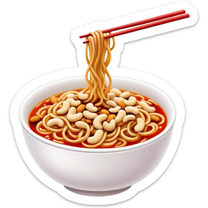 Chongqing Xiaomian spicy noodles with red oil and peanuts, simplified emoji style with bold outlines and bright colors, cartoon style Sichuan street food sticker