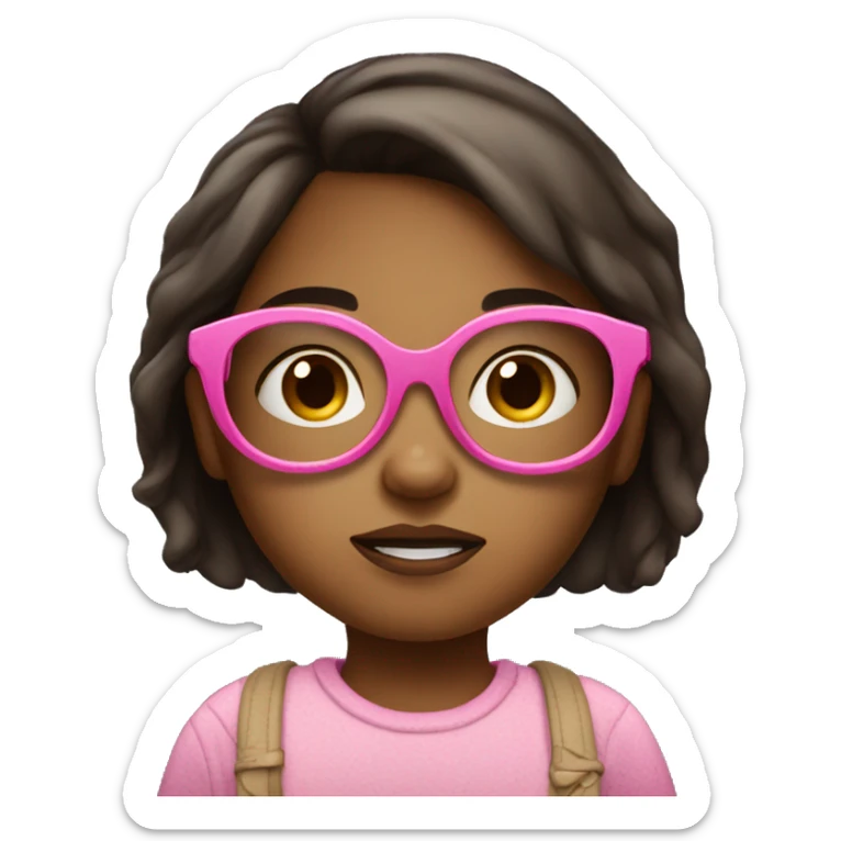 confused little girl with dark brown hair, light brown skin, and pink glasses sticker