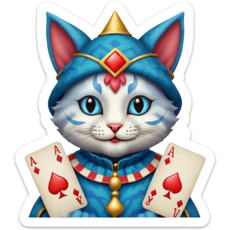 crazy colorful cute little cat jolly joker from poker, medieval, vintage, court jester, mac os icon, blue color, holds poker cards sticker