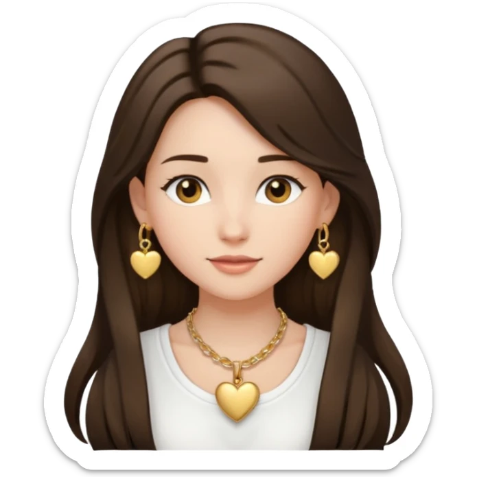Brunnette pretty girl with long hair and a White top and heart gold necklece with gols bracelets and gold hoop earrings   sticker