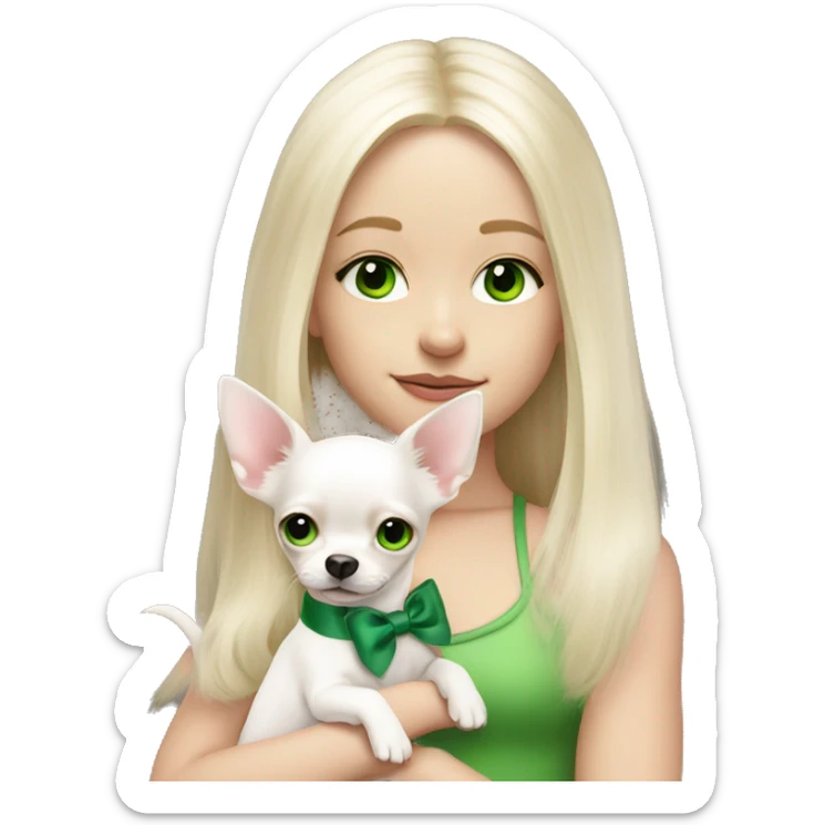 pale blond girl with long platinum hair with green eyes holding a white chihuahua puppy that wearing a pink bow sticker
