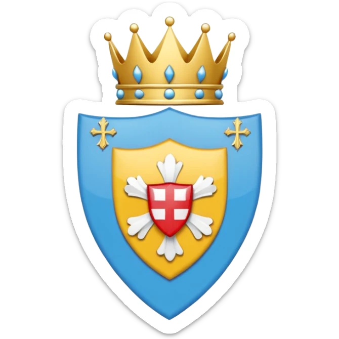 Bandera de Galicia: Emoji de bandera 2:3. Fondo blanco con franja diagonal azul celeste (de arriba izquierda a abajo derecha). En el centro, escudo azul con cáliz dorado y hostia blanca, siete cruces blancas alrededor y corona real dorada y roja encima. Estilo plano tipo emoji, colores sólidos. sticker