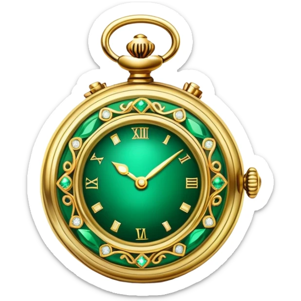 A luxurious emerald and gold antique watch emoji, styled as a precious relic, detailed and elegant, glowing softly sticker