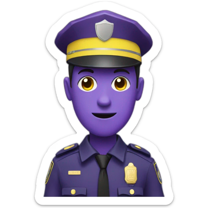 Purple man in a purple police suit with a yellow badge sticker