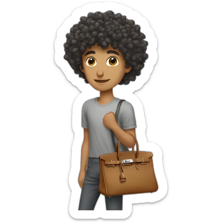 Handsome skinny latino with curly hairs wearing a grey hermes Birkin bag sticker