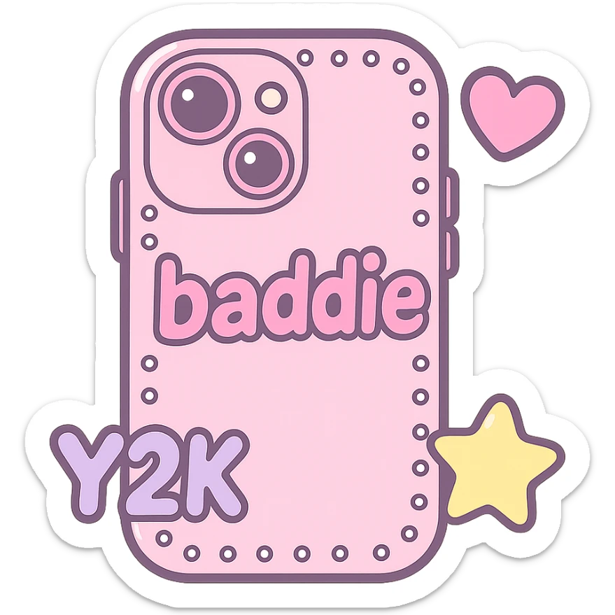 kawaii style baddie TikTok Bratz Y2K rhinestone iPhone, 3D glossy, outlined, sticker-like, pastel pinks, neon accents, white or transparent background, 512x512px sticker