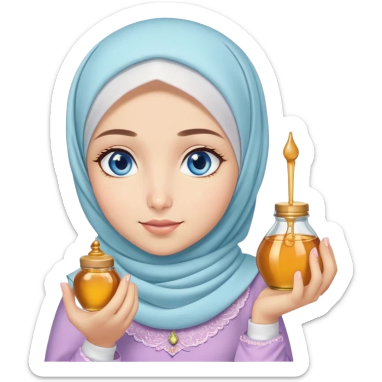 Turkish beautiful finish Konya girl blue eyes with honeycomb pastel hijab islamic dress and had on her hand honey sticker