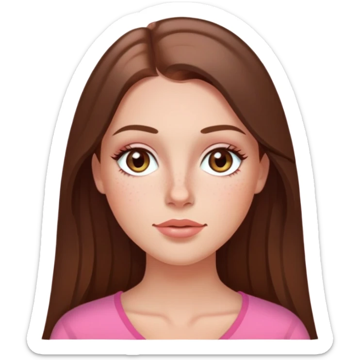 Long hair straight Brunette and hazel green eyes  slightly tanned white girl with pink peach lips and rosy bright red cheeks with a few freckles sticker