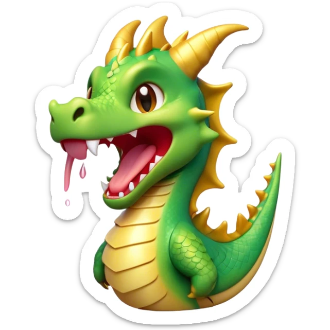 Cinematic Cute Yawning Dragon Portrait Emoji, Head tilted slightly with a dramatic, wide-open yawn, showcasing a soft, lustrous scaled body with gently drooping fins and half-closed, drowsy eyes, each scale rendered in exquisite detail under natural light; high shine, relaxed yet expressive, styled with a dash of fantastical charm, soft glowing outline, capturing the essence of a sleepy yet affectionate dragon that appears ready to stretch out and rest in its enchanted lair! sticker