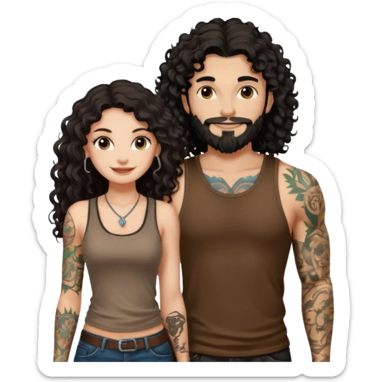a pretty bratz fair girl with black long curly hair in a brown tank top with tattoos standing with a handsome tattooed tall guy sticker