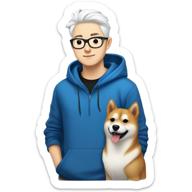A young guy with white hair ponytail white skin black-framed glasses and nose piercing wearing  blue hoodie and a Shiba Inu dog next to him sticker