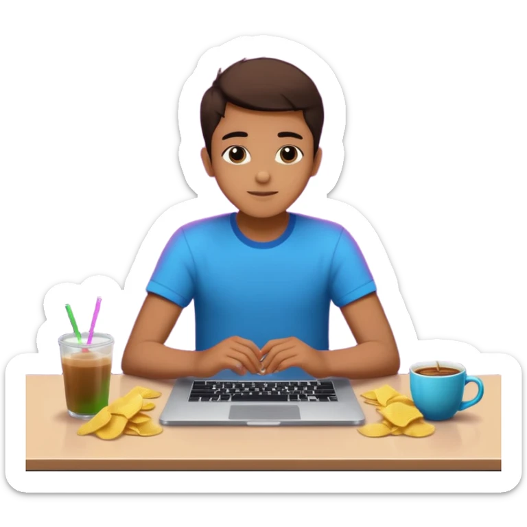 A boy sitting at 3AM with motivational quotes open on laptop, but chips and chai everywhere. Caption: ‘Kal se life sudharta hu.’ Bright neon lights, meme-styled highlights." sticker