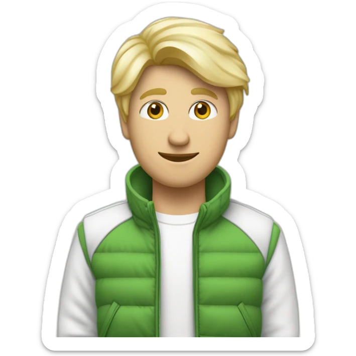 een man met witte tanden en een groene jas aan en kort blond haar heeft en een spijker broek aan heeft met paarse schoenen met witte strepen sticker