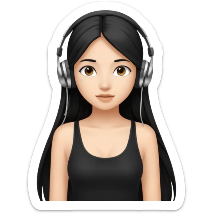 a fair indian girl with straight black long hair, wearing a black cami top. and wearing silver  headphones on sticker