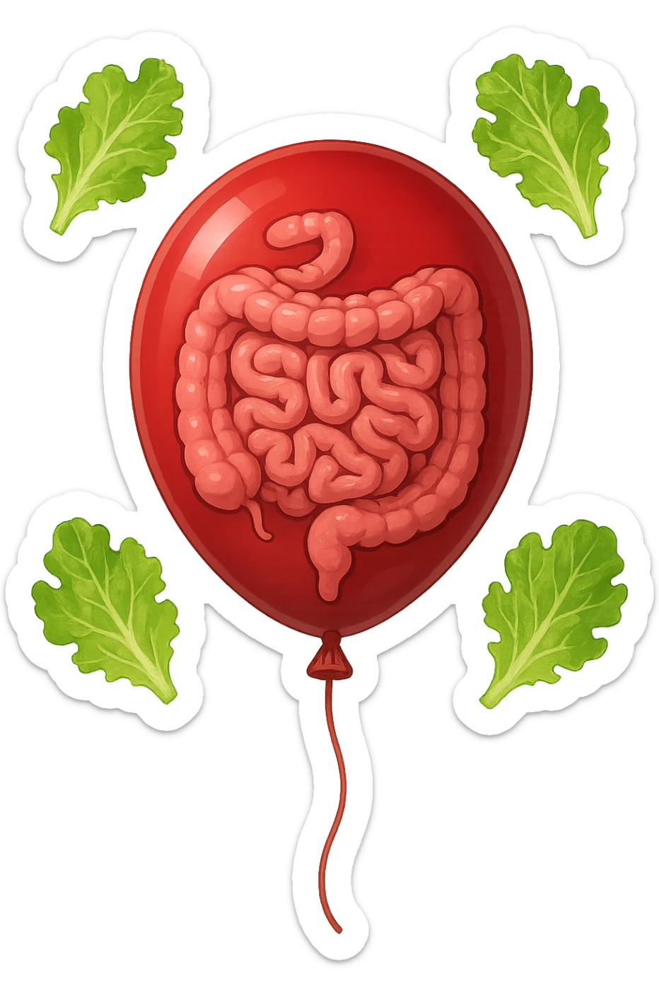 intestino chiuso in un palloncino rosso e foglie di insalata che fluttuano intorno sticker