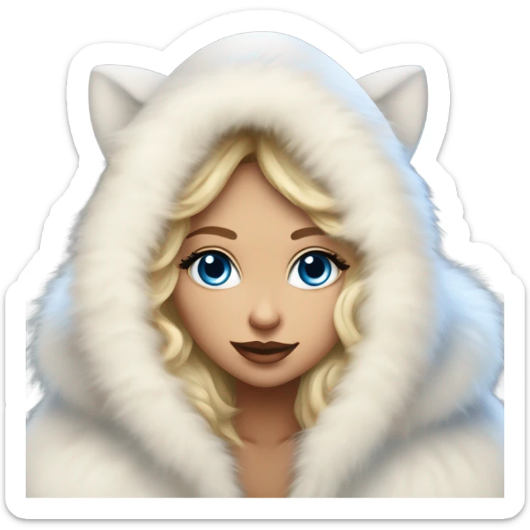 Tanned Girl with lashes and blue eyes, blonde hair, in an extremely big fluffy oversized white fur coat with hood on. The fur is real and it’s very obvious big and fluffy, aestheticism sticker