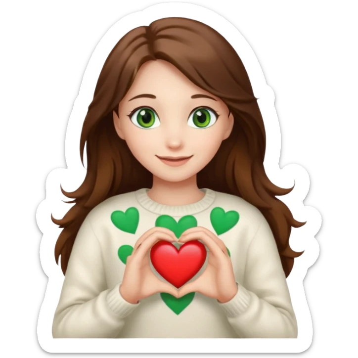 Girl green eyes brown long hair white warm sweater showing heart with her hands sticker