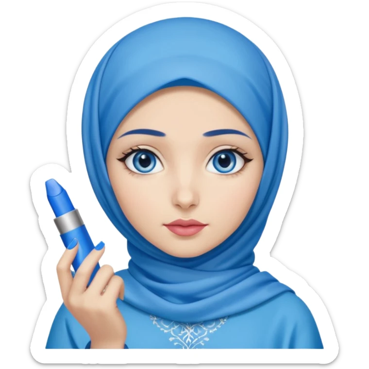Turkish beautiful finish Konya girl blue eyes with blue hijab islamic dress and had on her hand blue lipstick and hold it sticker